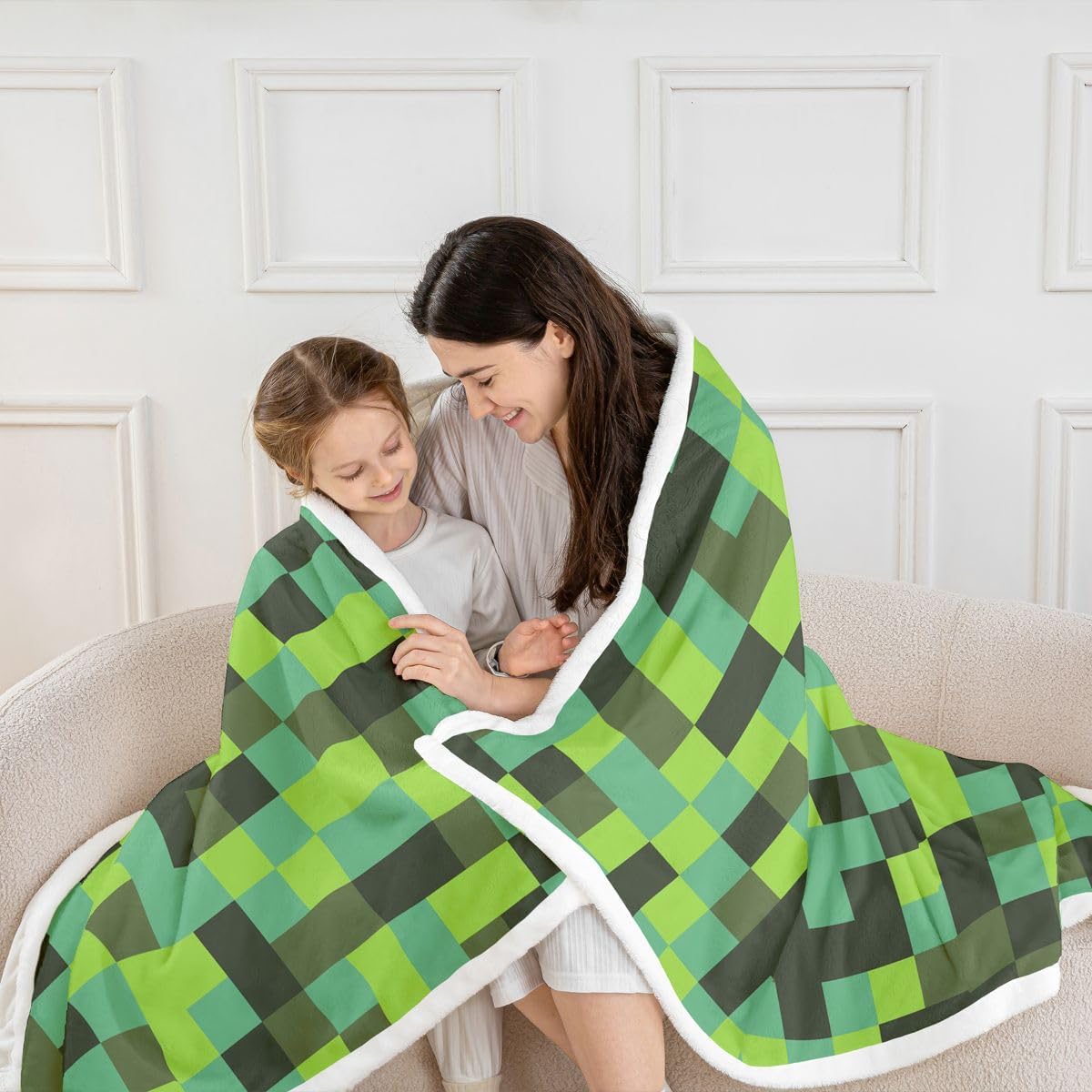 Feelyou Pixelated Neon Green Black Sherpa Throw Blanket for Couch Pixel Art Super Soft Cozy Fleece Geometric Grid Blanket for Winter, Plush Throw Gamepad Grid Baby 30"x40" All Season