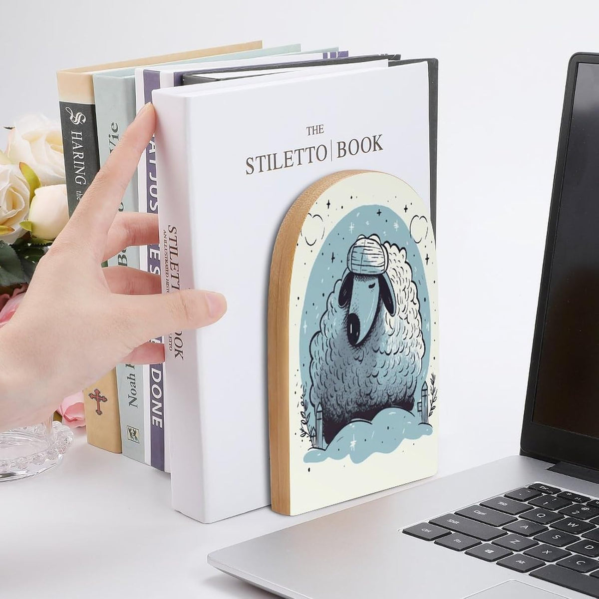 Sleep Well Hand Drawn Wooden Bookend Non-Slip Book Ends Heavy Duty Book Stopper with Metal Base Books Holderd Decorative Bookends Stands Firmly for Office Supplies