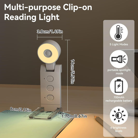 Book Light for Reading at Night, USB Rechargeable Clip-On LED Bookmark Lamp with 5 Colors and 6-Brightness Dimmable Modes, Thin Honeycomb Lens Reading Light for Bed, Gift for Book Lovers Kids