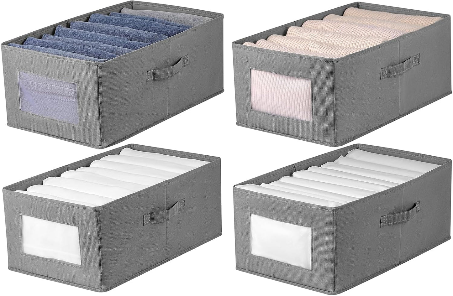 4 Packs Linen Storage Bins with Clear Window, Closet Organizers and Storage Containers with Handle, Large Storage Box Basket for Clothing, Jeans, Toys, Books, Shelves(18.50x11.02x7.87in.)