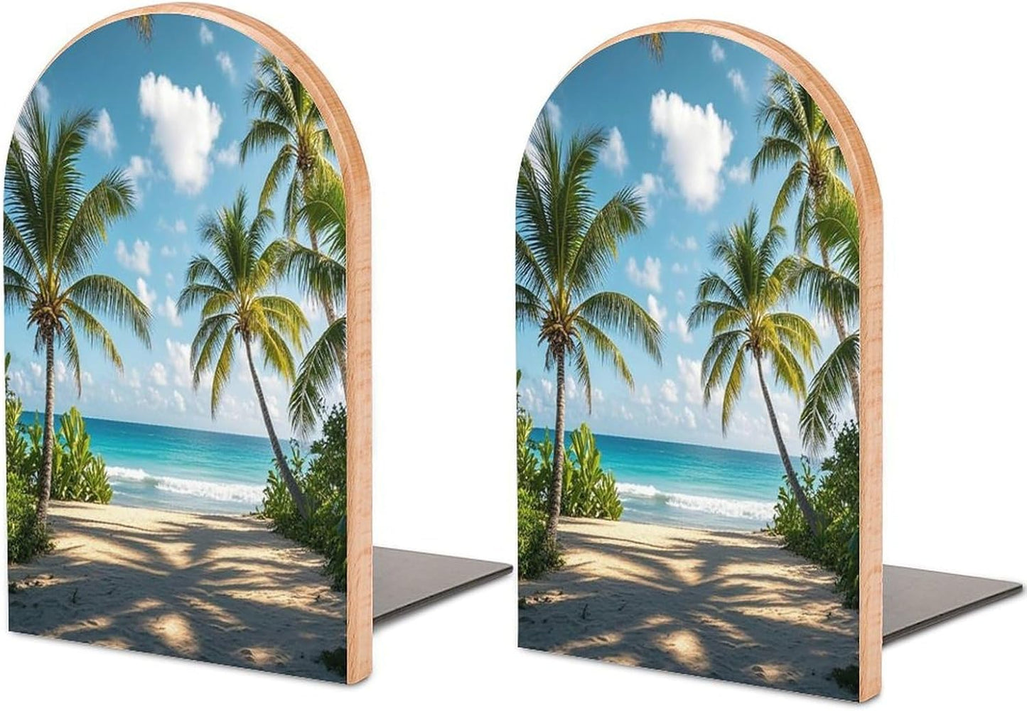 Green Palm Trees Ocean Bookends 1 Pair Heavy Duty Book Ends for Shelves Non-Skid Bookend Supports Wooden Book Holders with Metal Base Desk Organizers Books Storage to Hold Books
