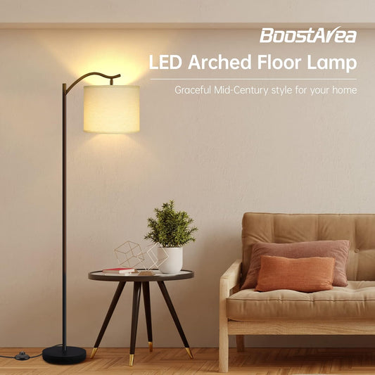 BoostArea Modern LED Arched Floor Lamp with Natural Linen Shade, 3 Brightness Levels, E26 Socket, Footswitch, 63-inch Tall, White