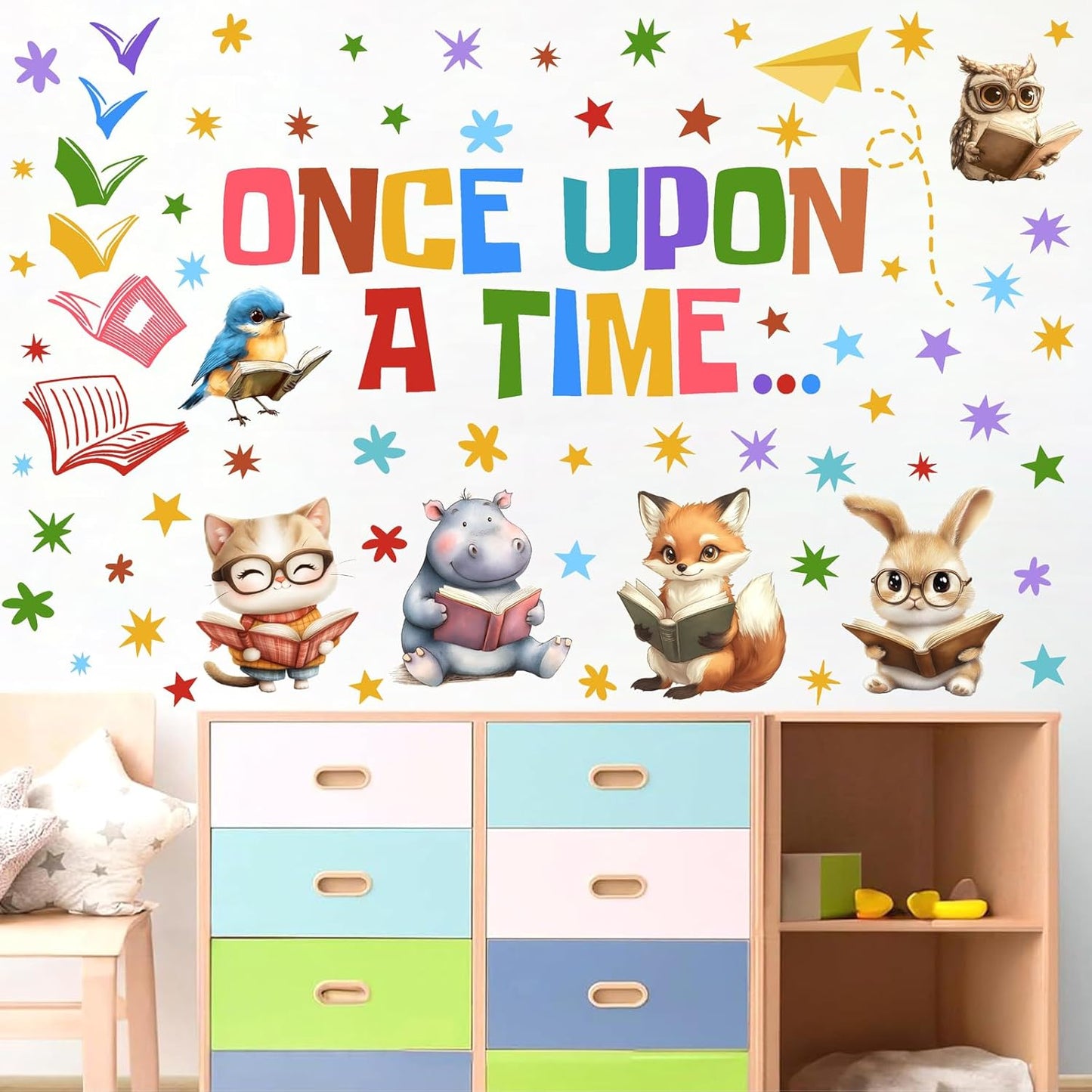 Reading Wall Decal Library Book Wall Stickers Story Read Book Animal Wall Decals Peel and Stick Reading Corner Wall Stickers for Nursery Kids Room Playroom Daycare Classroom School Decor