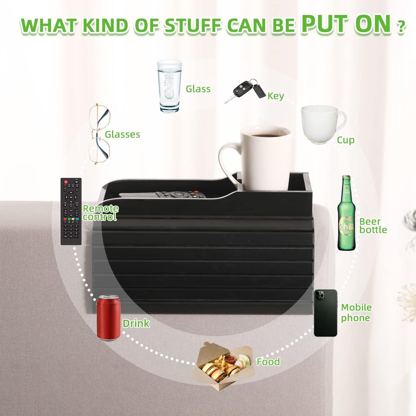 GEHE Couch Cup Holder, Anti Falling Sofa Arm Tray, Natural Bamboo Sofa Cup Holder More Safe for You Family, Portable Couch Arm Tray Armrest Table for Remote, Snacks, Phone, Drinks