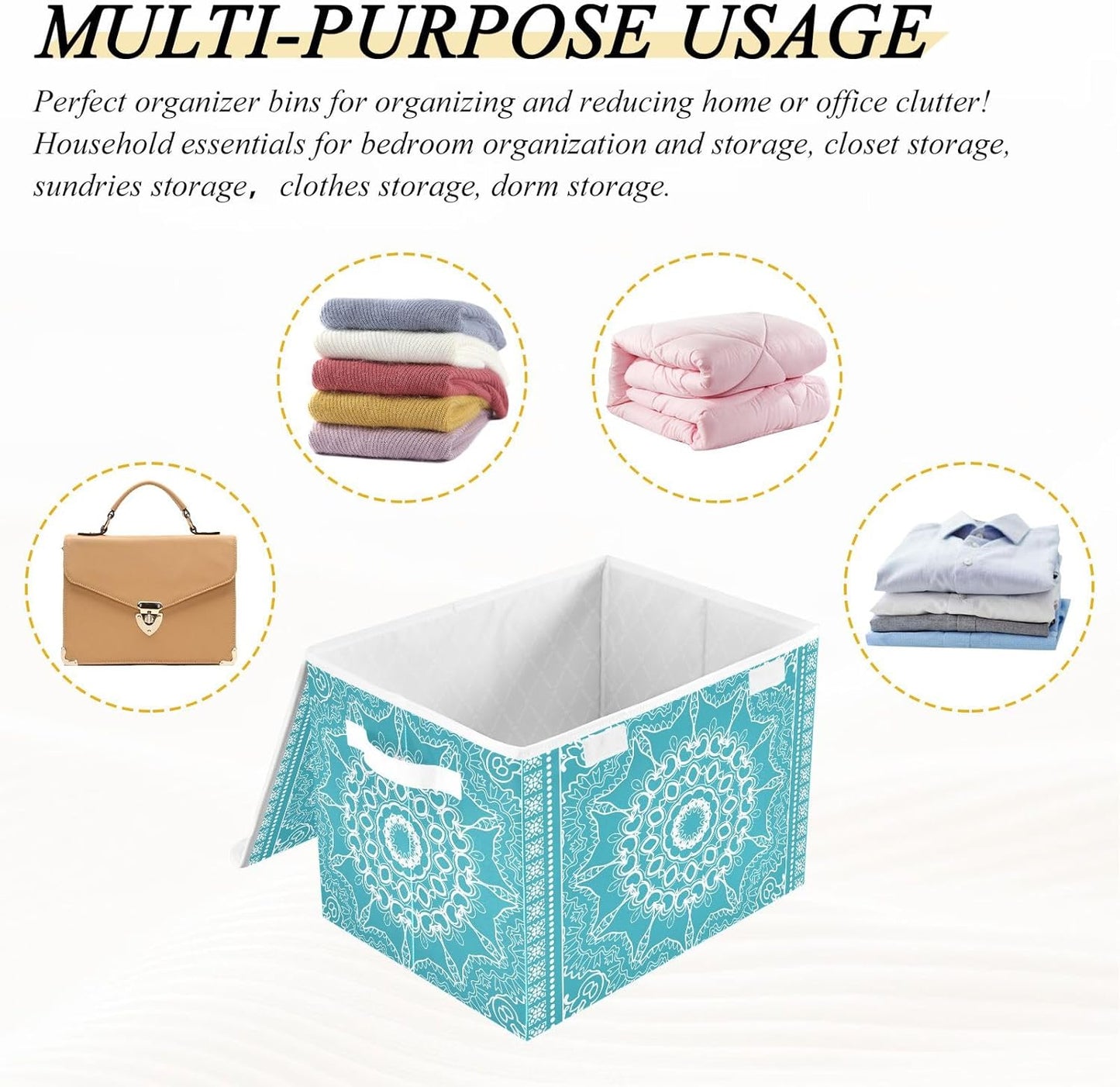 Retro Boho Blue Storage Bins with Lids Fabric Storage Containers Box Organizer with Handles for Closet Shelves Clothes Foldable Decorative 16.5 x 12.6 x 11.8 Inch