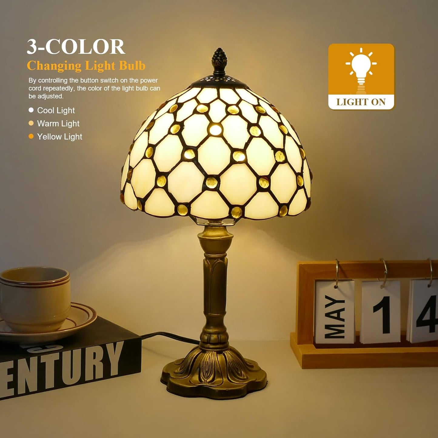 Tiffany Style Table Lamp Beige Beads Vintage Bedside Table Light Desk Lamps Accent Small Lamp 14" Tall 8" Wide Reading Lamp with Color Changing LED Bulb