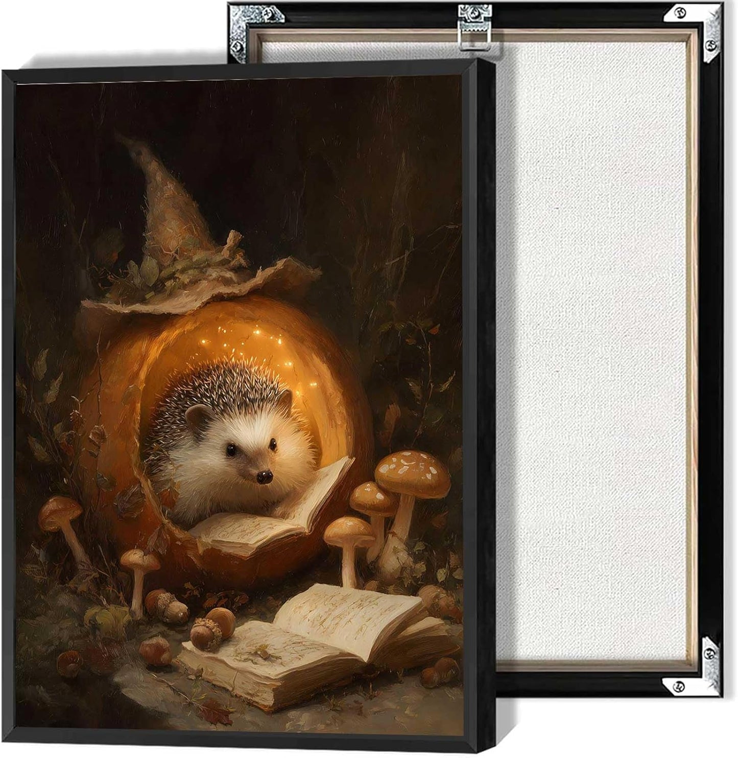 Hedgehog Reading Posters Halloween Forest Kid'S Canvas Wall Art Funny Animals Prints for Living Room Bedroom Home Wall Decor 12x16in Unframed
