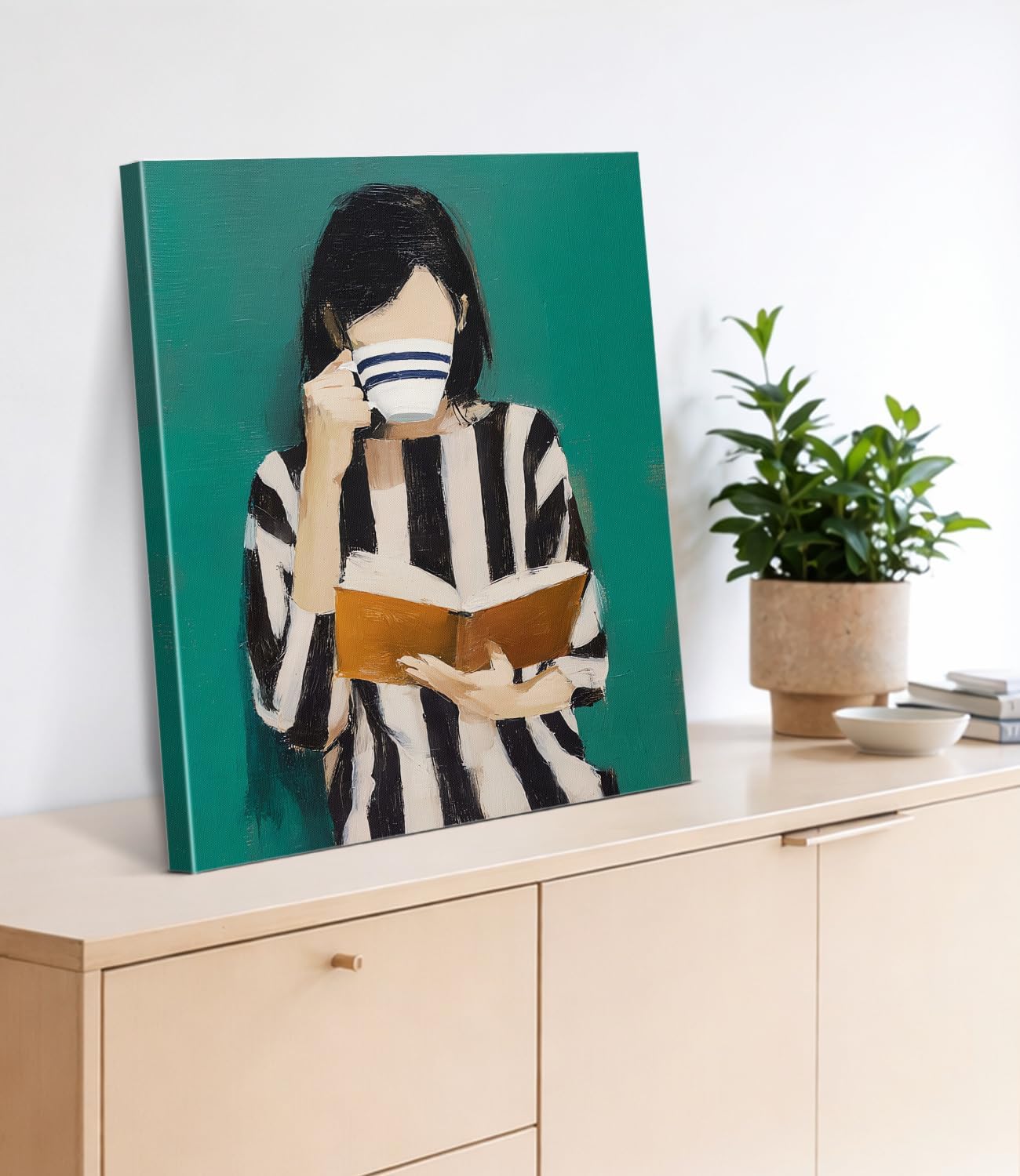 Green Reading Woman Wall Art Print - Bookish Woman Canvas Poster Painting - Book Lover Gifts Wall Decor for Home Living Room Study 8x10 Inch Framed