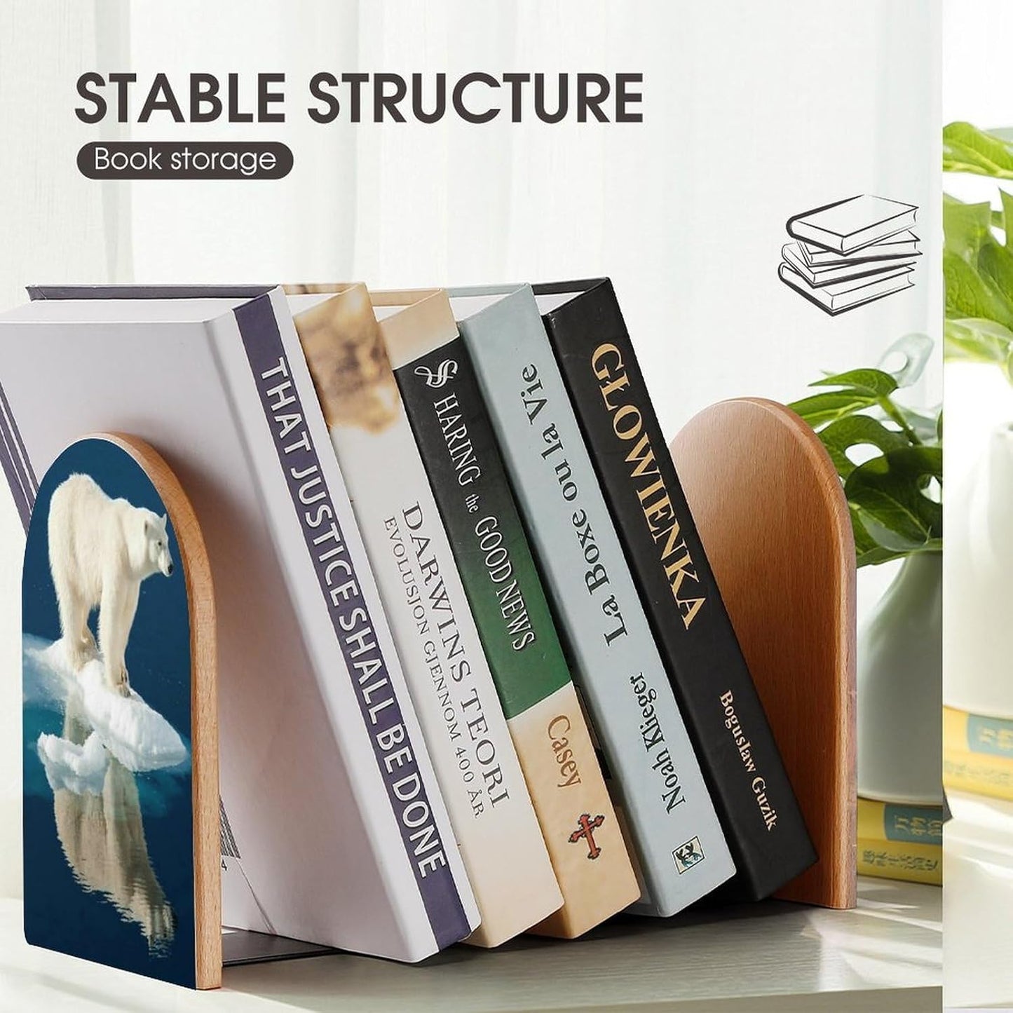 Polar Bear Wooden Bookend Non-Slip Book Ends Heavy Duty Book Stopper with Metal Base Books Holderd Decorative Bookends Stands Firmly for Office Supplies