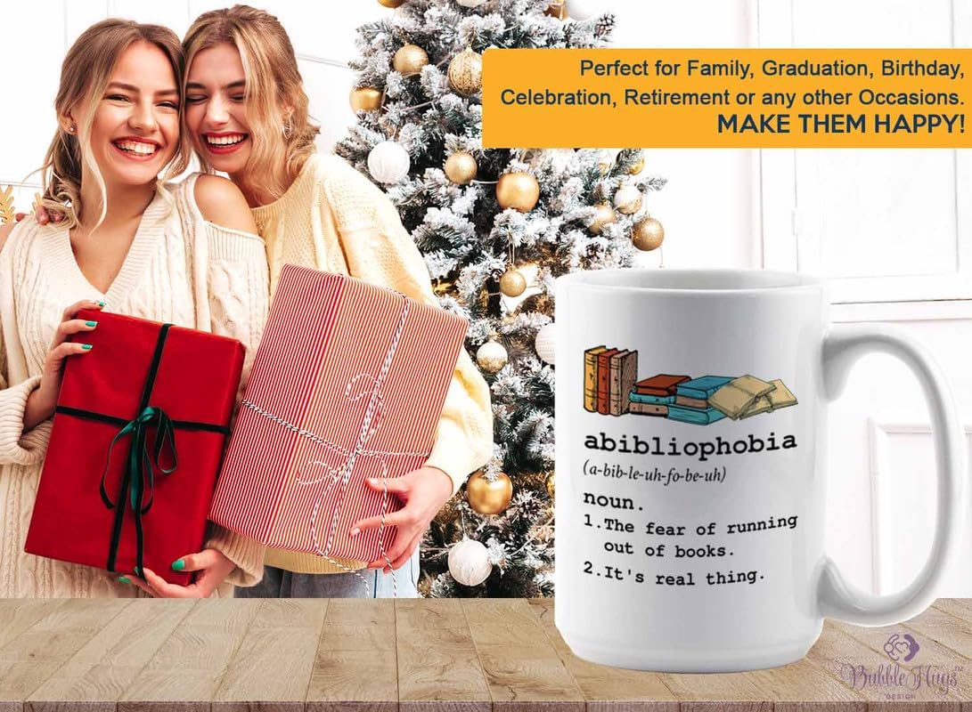Reading Coffee Mug 15oz White - Abibliophobia Definition - Reader Gift Bookworm Owl Lover Cat Lover Book Lover Novelist Librarian Writer