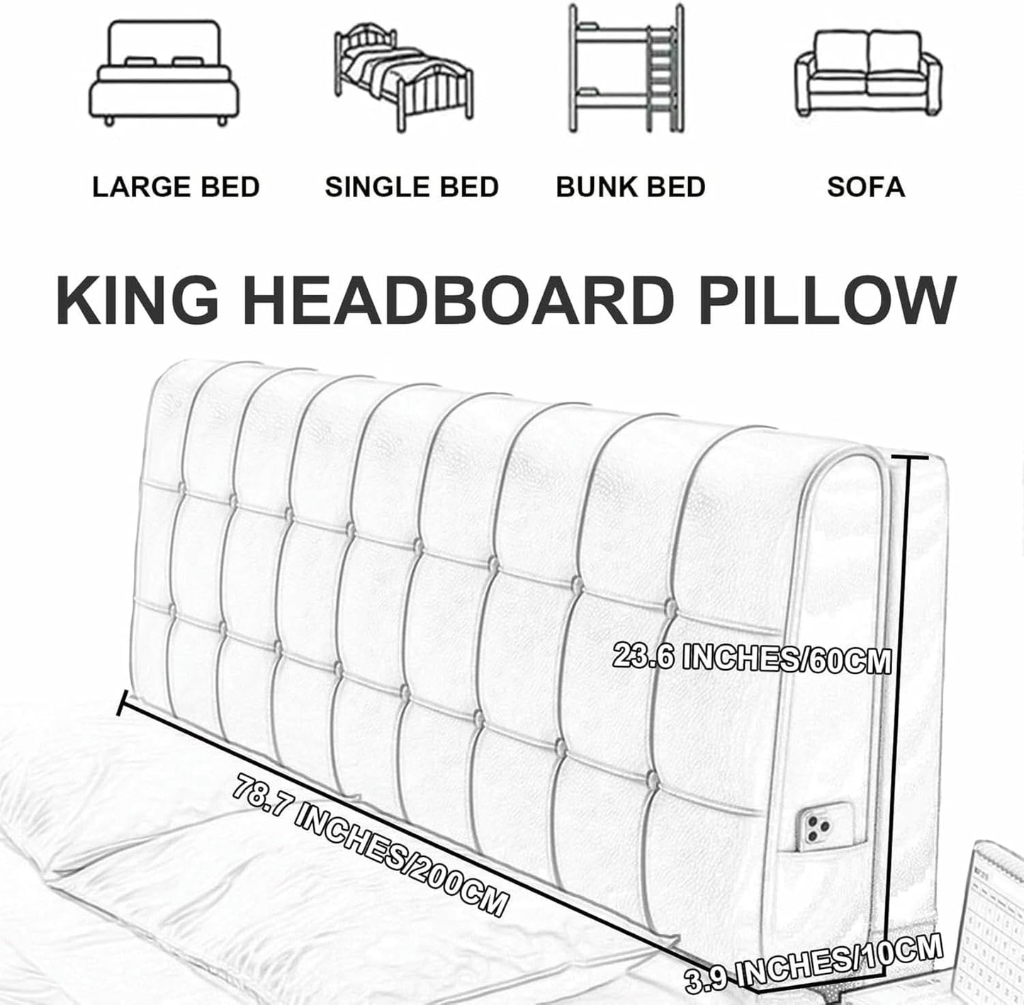 Bed Backrest Faux Leather Headboard Cushion Rectangle Reading Pillow Large Support Bolster Bedside Cushion for Daybed Bed Bunk Bed Removable Upholstered,Khaki,Straps/79x23x4In
