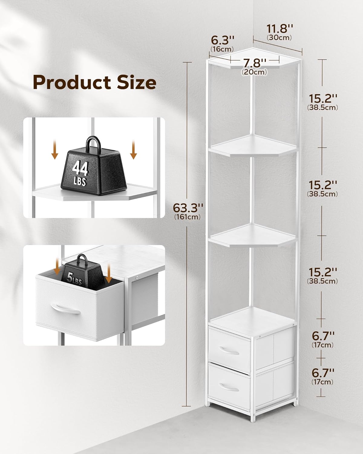 Housolution Corner Shelf Stand with Storage, 63.4'' Tall 6-Tier Corner Bookshelf Includes Fabric Drawers, Freestanding Corners Storage Shelf for Living Room Bedroom Kitchen Bathroom (White)