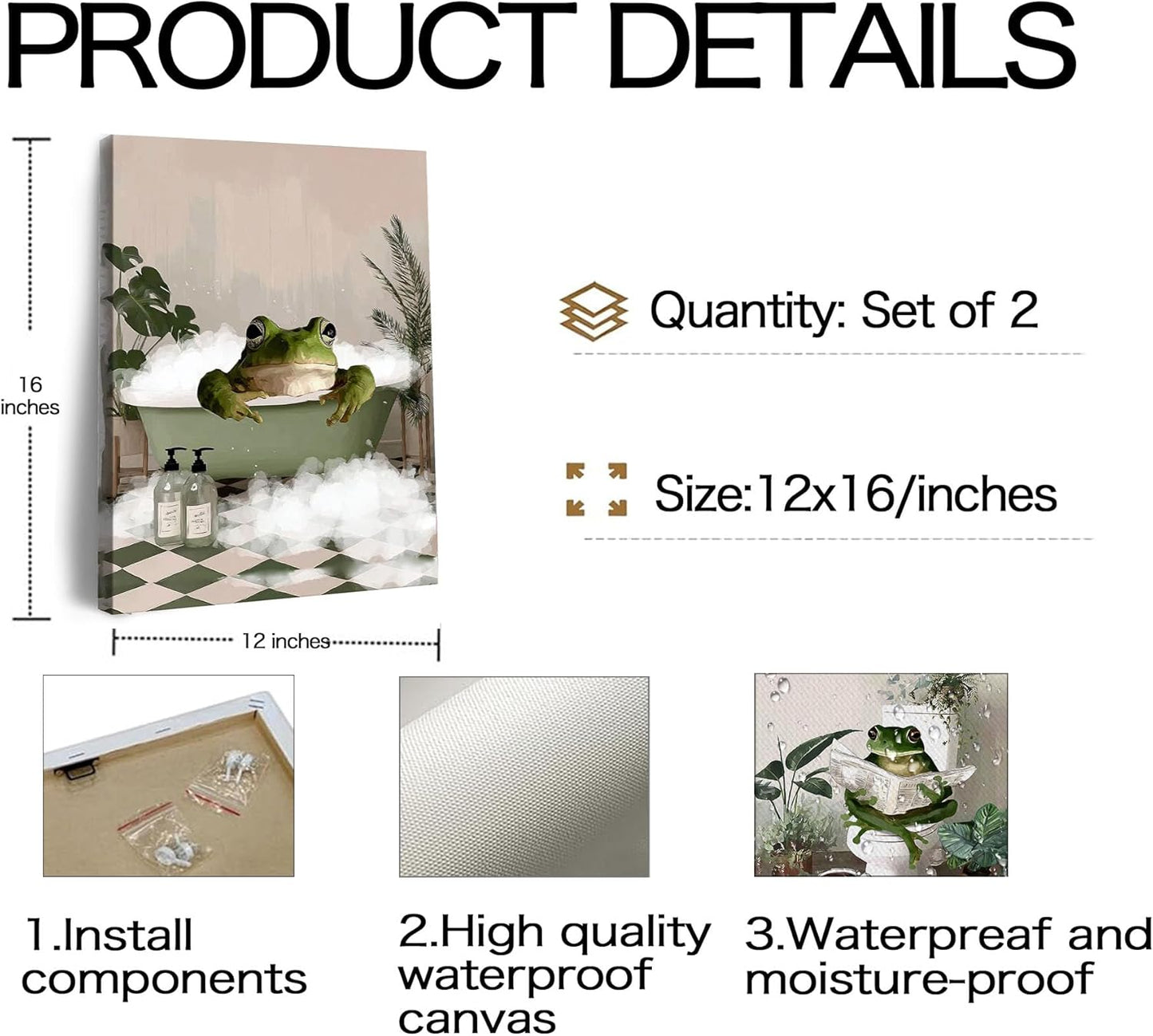 Frimeeme Set of 2 Funny Frog Bathroom Canvas Wall Art, Funky Frog in Bath Wall Decor，Green Bathroom Canvas Prints Decor Pictures Aesthetic Framed,12x16 inches