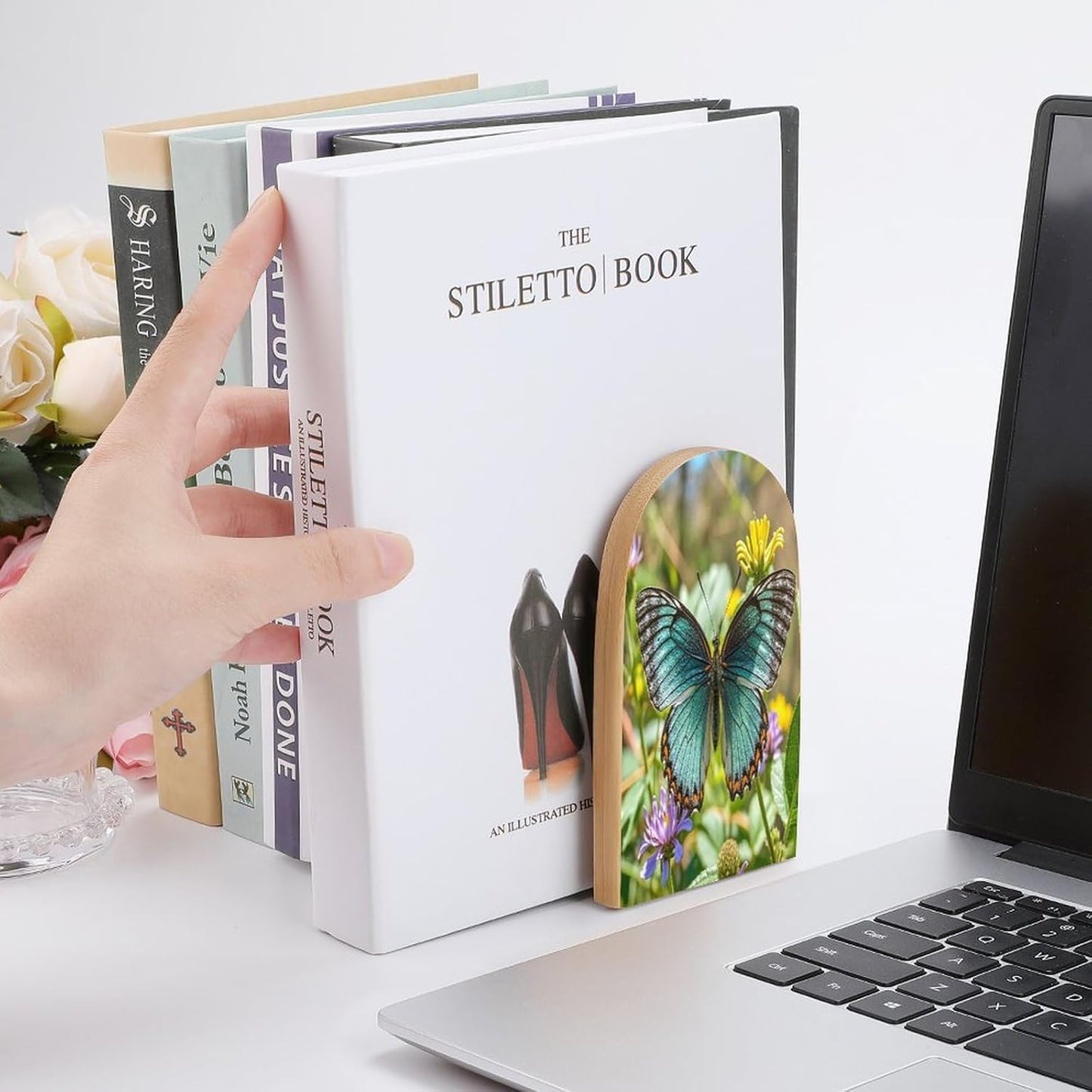 Charming Butterfly Bookends 1 Pair Heavy Duty Book Ends for Shelves Non-Skid Bookend Supports Wooden Book Holders with Metal Base Desk Organizers Books Storage to Hold Books
