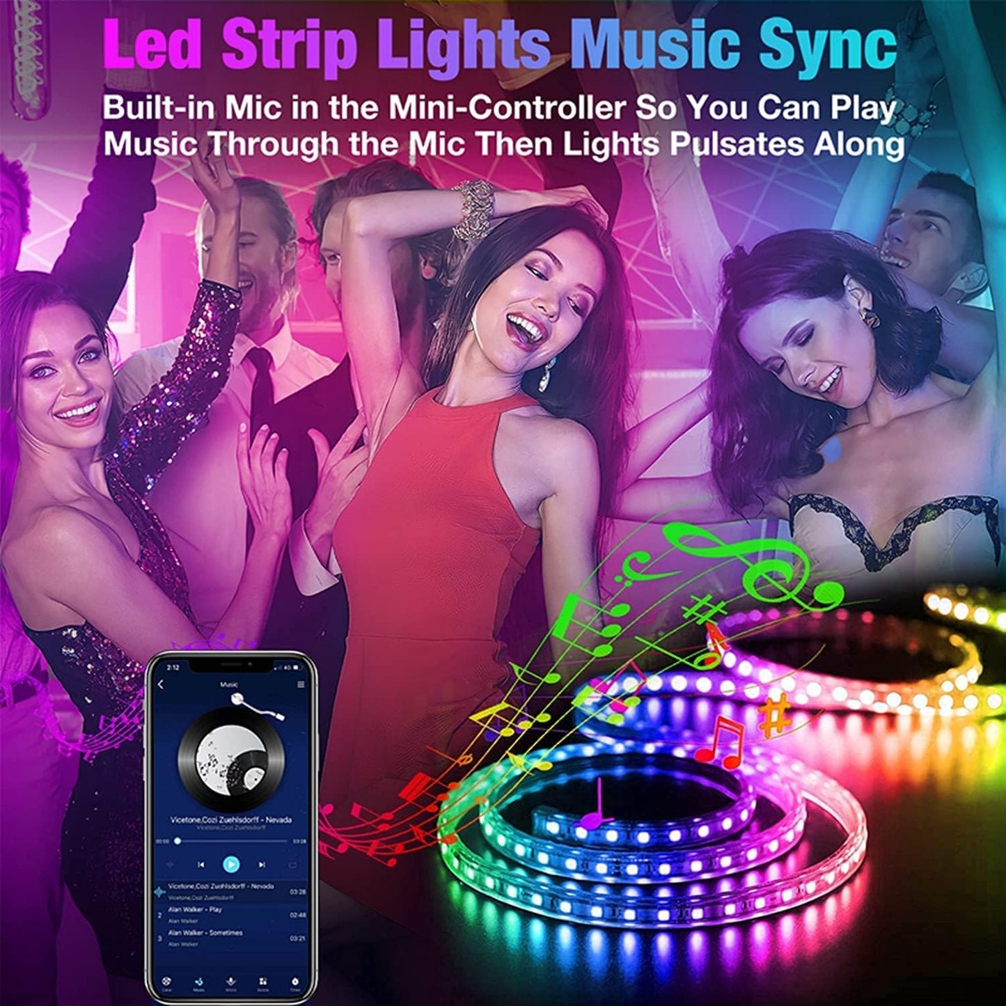Led Lights 100ft Smart APP Control Music Sync Strip Lights RGB Color Changing Strips with Remote, for Bedroom Kitchen and Party