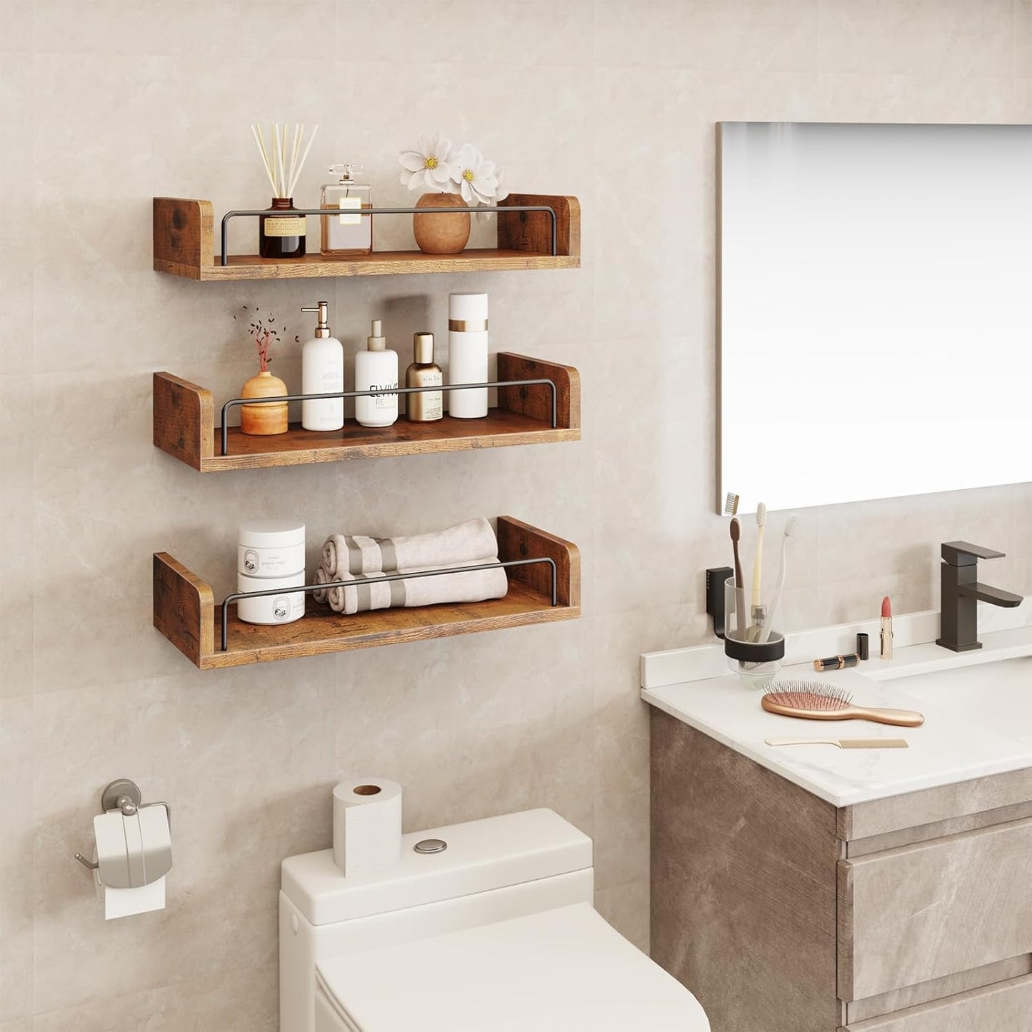 Floating Shelves for Wall, Floating Shelves for Bedroom Kitchen Decor, Wall Mounted Rustic Farmhouse Wood Shelf for Books, Plants, Set of 3 (Rustic Brown)