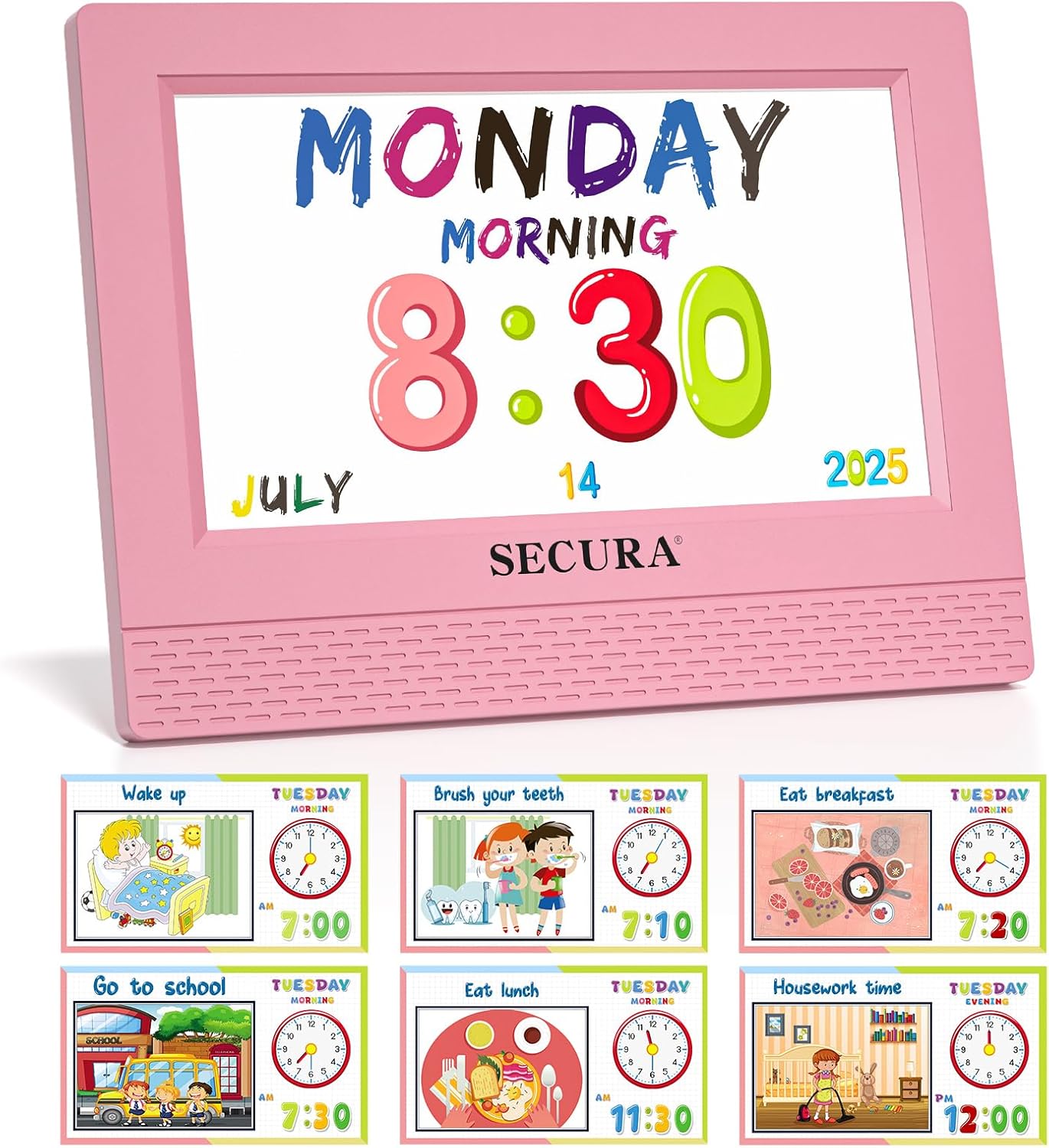 Secura TimeTact Reminder for Kids, 7" LED Talking Alarm Clock with Countdown Visual Timer, 17 Daily Reminders & 5 Custom Alarms Habit Reminder and Scheduler (Pink)