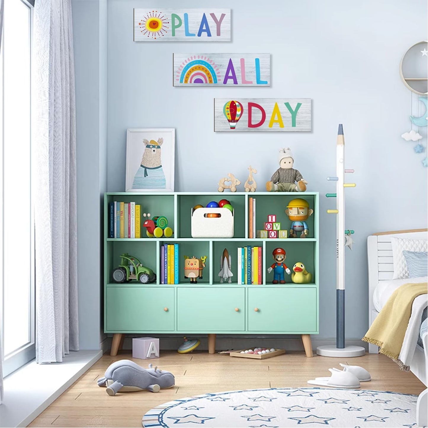 JEKEJIAJIU Play All Day Sign Play All Day Wall Decor Playroom Decor Word Art Wall Decor Kids Plaques Room Decor Reading Book Nook Children Quotes Wall Decor Home Decor
