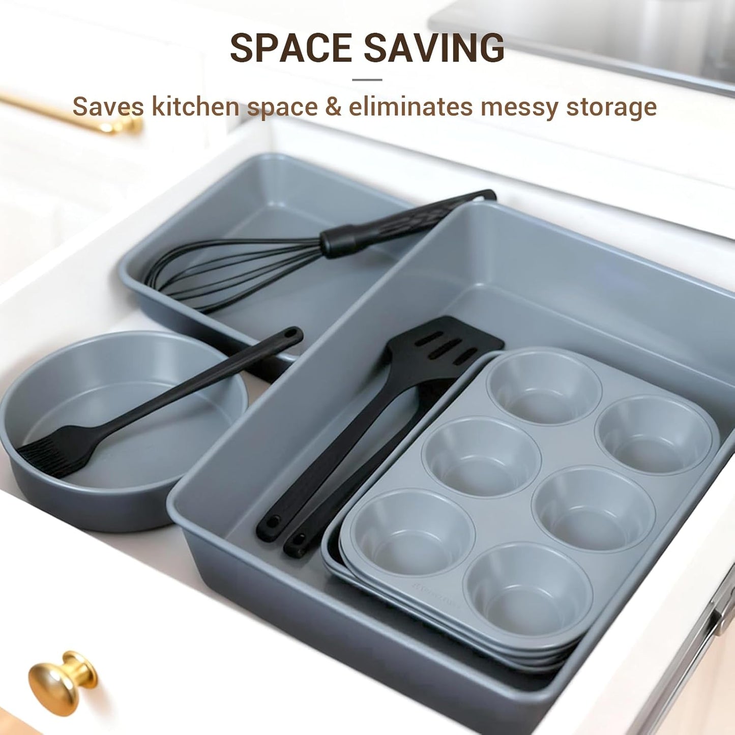 Ammeloo 22-Piece Baking Pans Set Stackable Bakeware Non Stick Baking Set Non Toxic Oven Pans, Including Roasting Pan, Cookie Sheets, Muffin Pans, Cake Pans, Oven Mitts and Utensils(Gray & Stone Black)