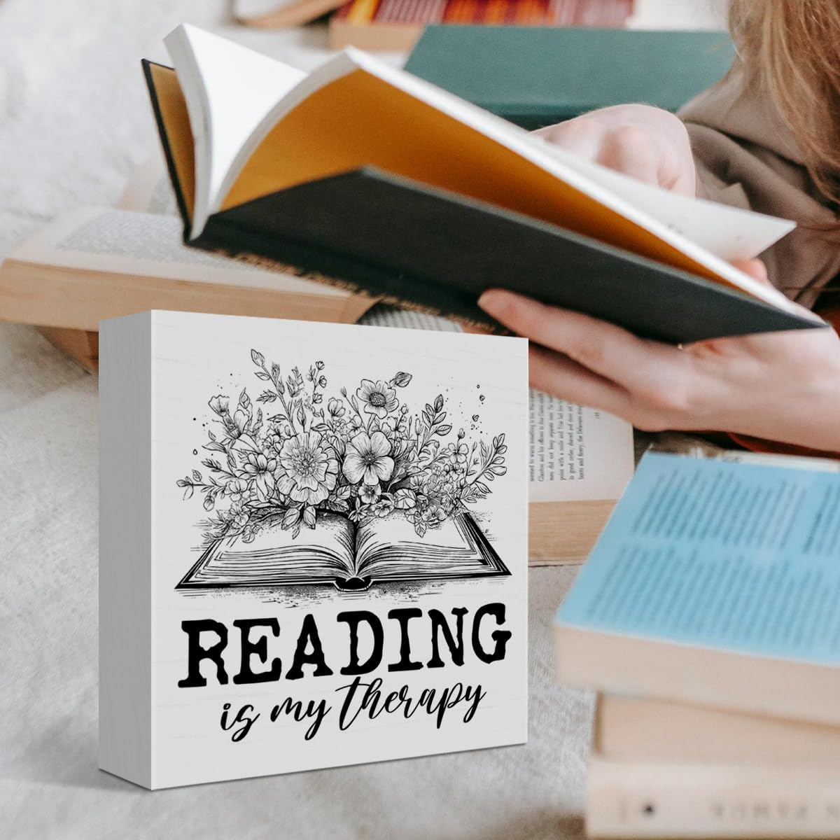Book Lover Desk Decor Wooden Sign, Reading Nook Decoration for Home Library Girl Bedroom Bookworm Bookish Gifts for Women Book Lover Nerd Reader Librarian, Reading Is My Therapy