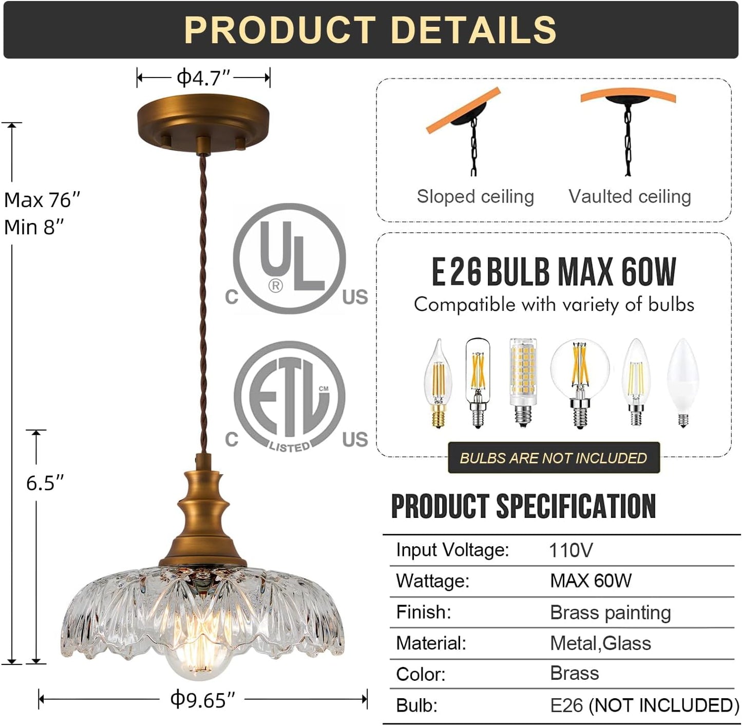Vintage/Antique Brass Glass Pendant Light Fixture Over Sink/Table for Kitchen Island,Farmhouse Gold Hanging Pendant Chandelier for Bedroom Hotel Dining Room