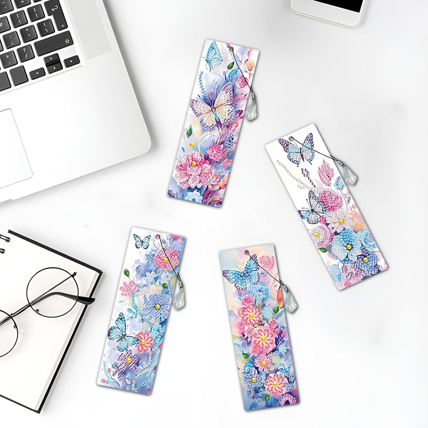ACSAUMMY 4pcs Butterfly Diamond Painting Bookmark, 5D Diamond Art Bookmarks with Flower Design Beaded Rhinestone Pendant DIY Diamond Art Kits for Adult Crafts Reading Women Beginner Birthday Gift