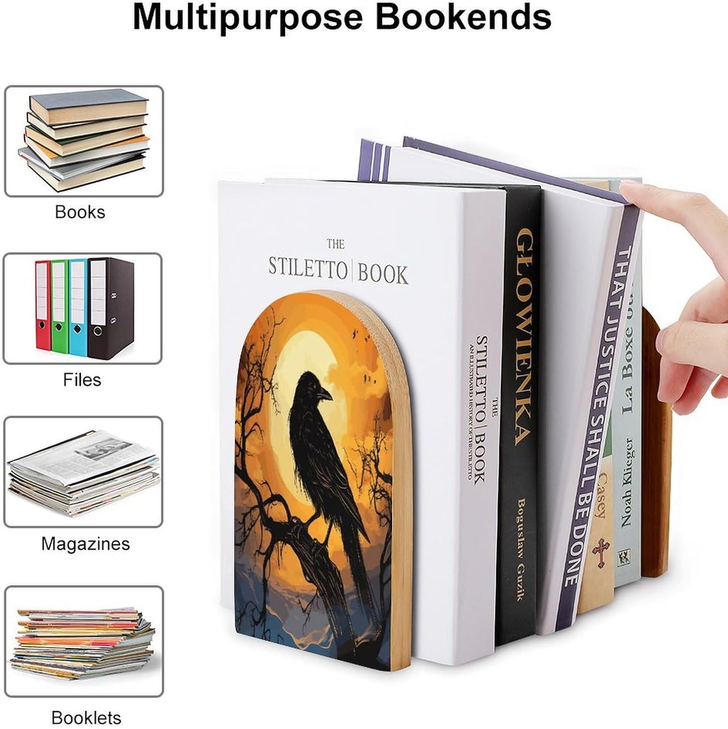 Non-Slip Bookend for Shelves Crow Wooden Bookends with Metal Base Decorative Book Stopper for Home Heavy Duty Wood Book Storage for Books/CDs