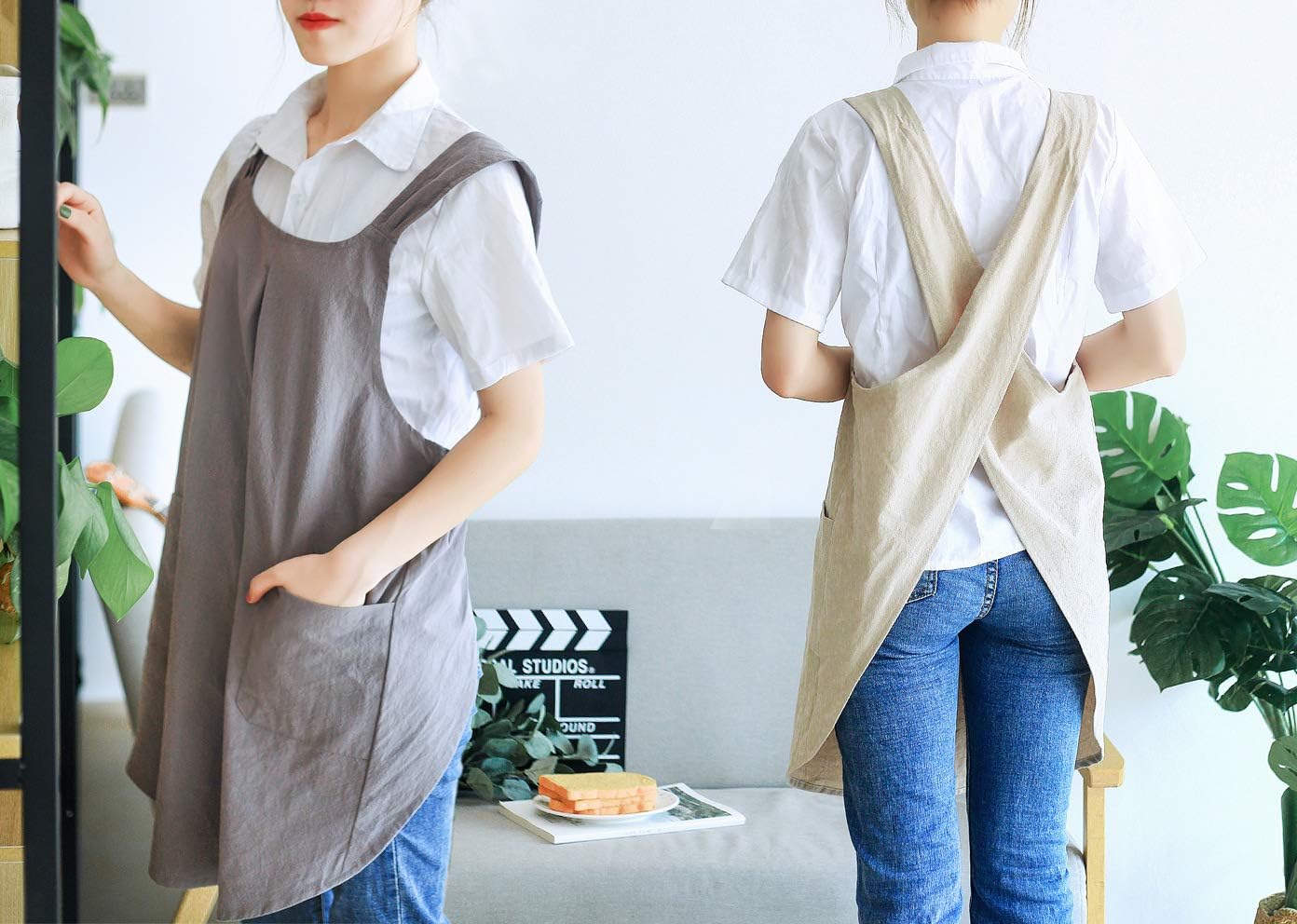 Soft Cotton Linen Apron Cross Back X-Shaped Japanese Style Pinafore Dress for Cooking, Housewarming, Daily Chores