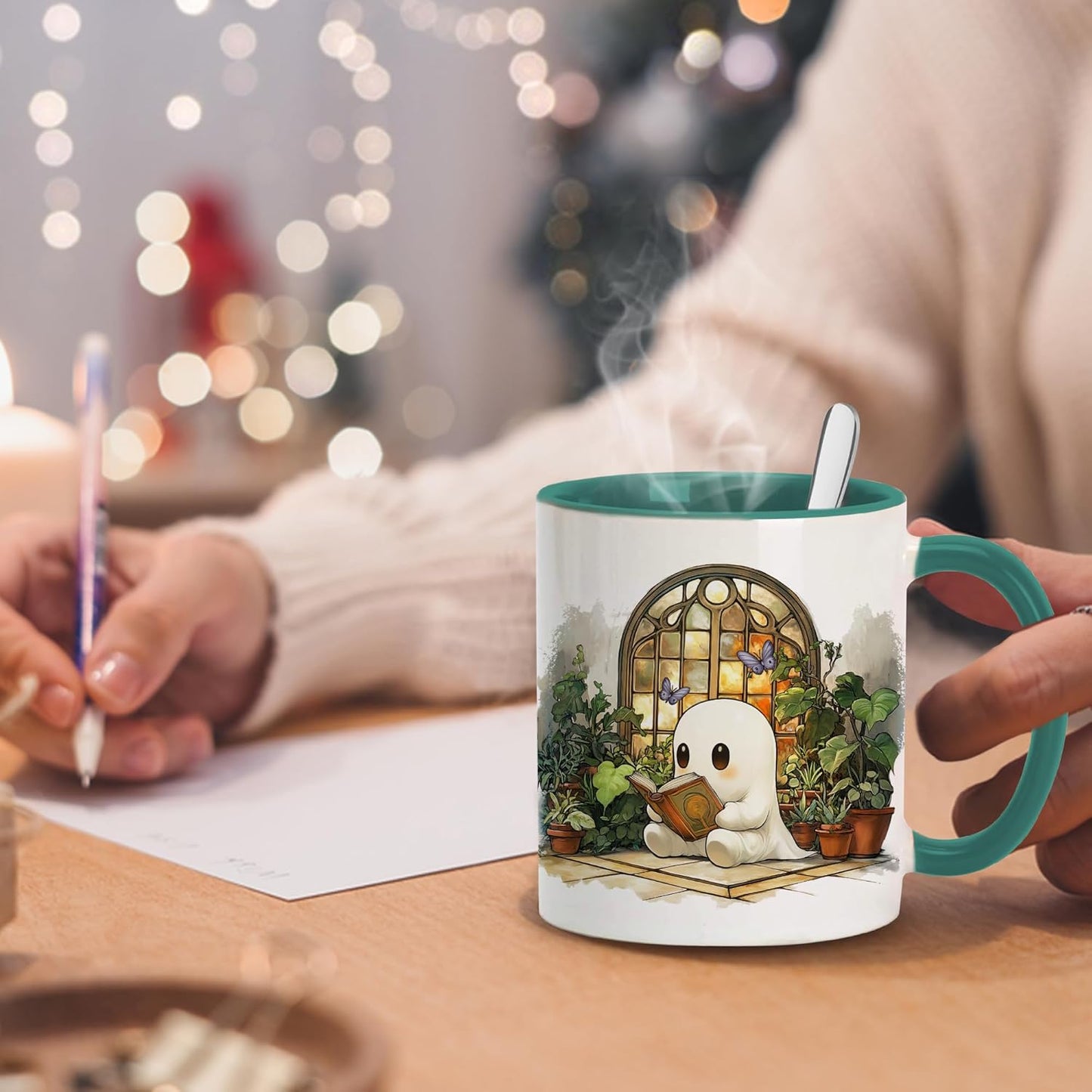 Hyturtle Cute Ghost Reading Coffee Mug with Spoon Gifts For Book Lovers, Plant Lovers On Birthday Christmas, Reading Cup Gifts For Girl Women, Book Club Gift Keepsake 11oz White Green Ceramic Tea Cup
