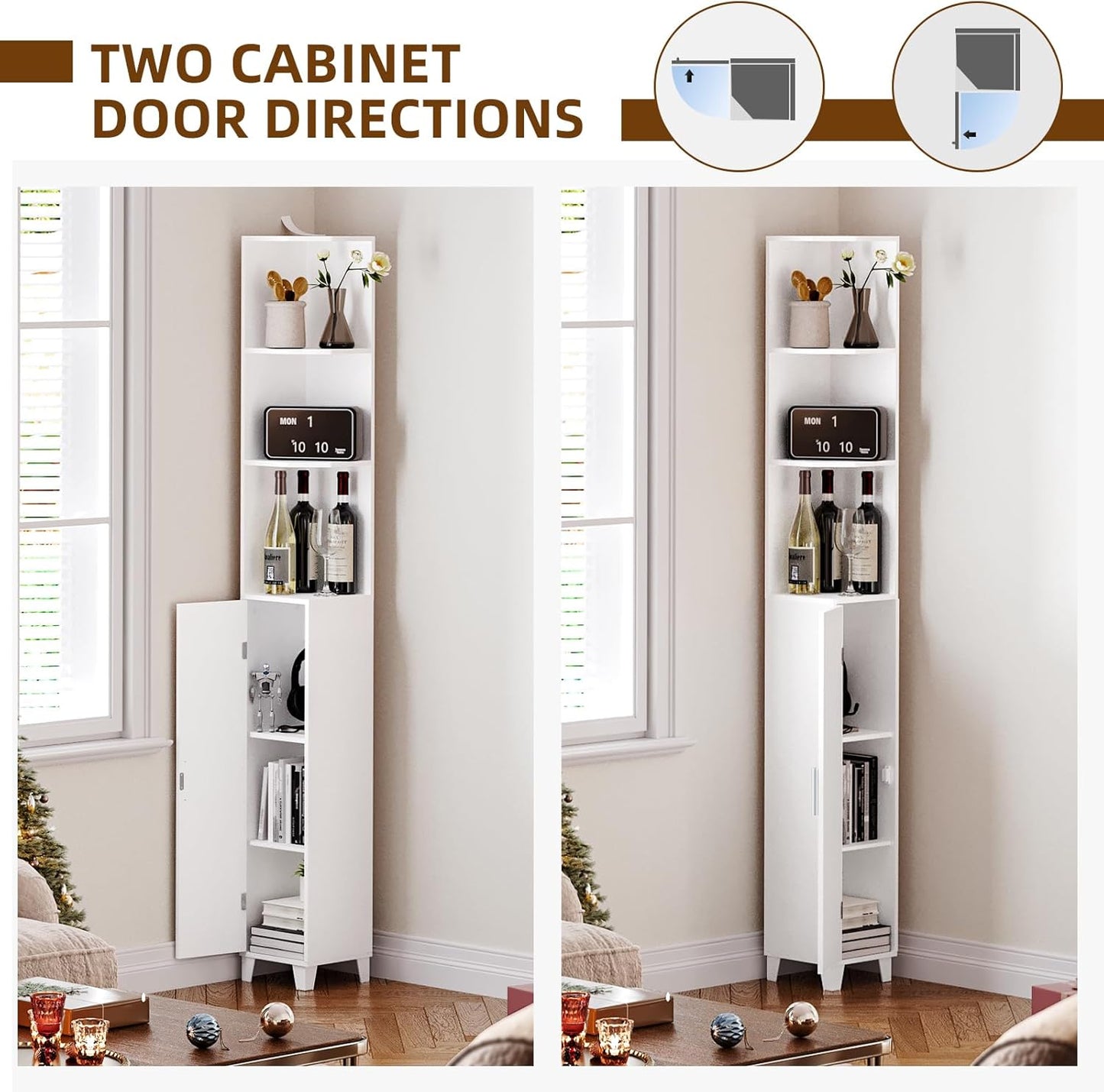 MOHOPE Corner Shelf with Cabinet, 74.8" Tall Corner Cabinet with Door, 5-Tier Narrow Bookshelf with Adjustable Shelves, Display Cabinets for Living Room, Bathroom, Dining Room, Small Space, White