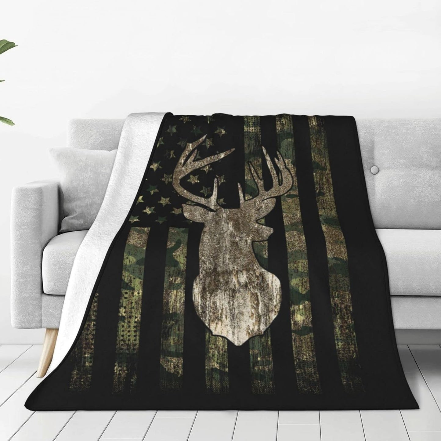 Camo Camouflage Hunting Deer American Flag Soft Warm Full Fleece Throw Blanket Flannel Fuzzy Travel Blankets All-Season Throws for Bed Sofa Women Gifts 40"X30"