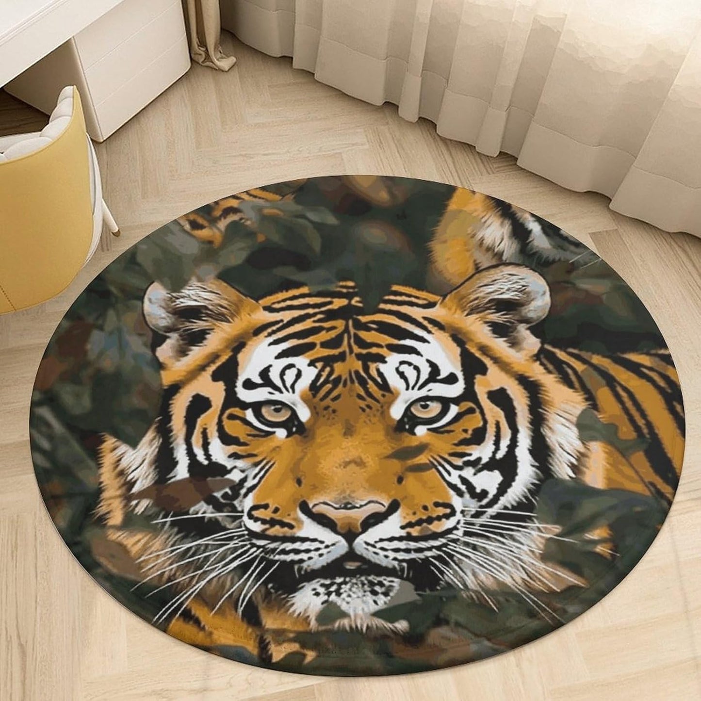 Camouflage Tiger Circle Rug Retro Luxury Coral Velvet Floor Mat Non Slip Soft Indoor Floor Carpet Comfy Thickened Area Rugs Modern Aesthetic Minimalist Carpets for Home Decor