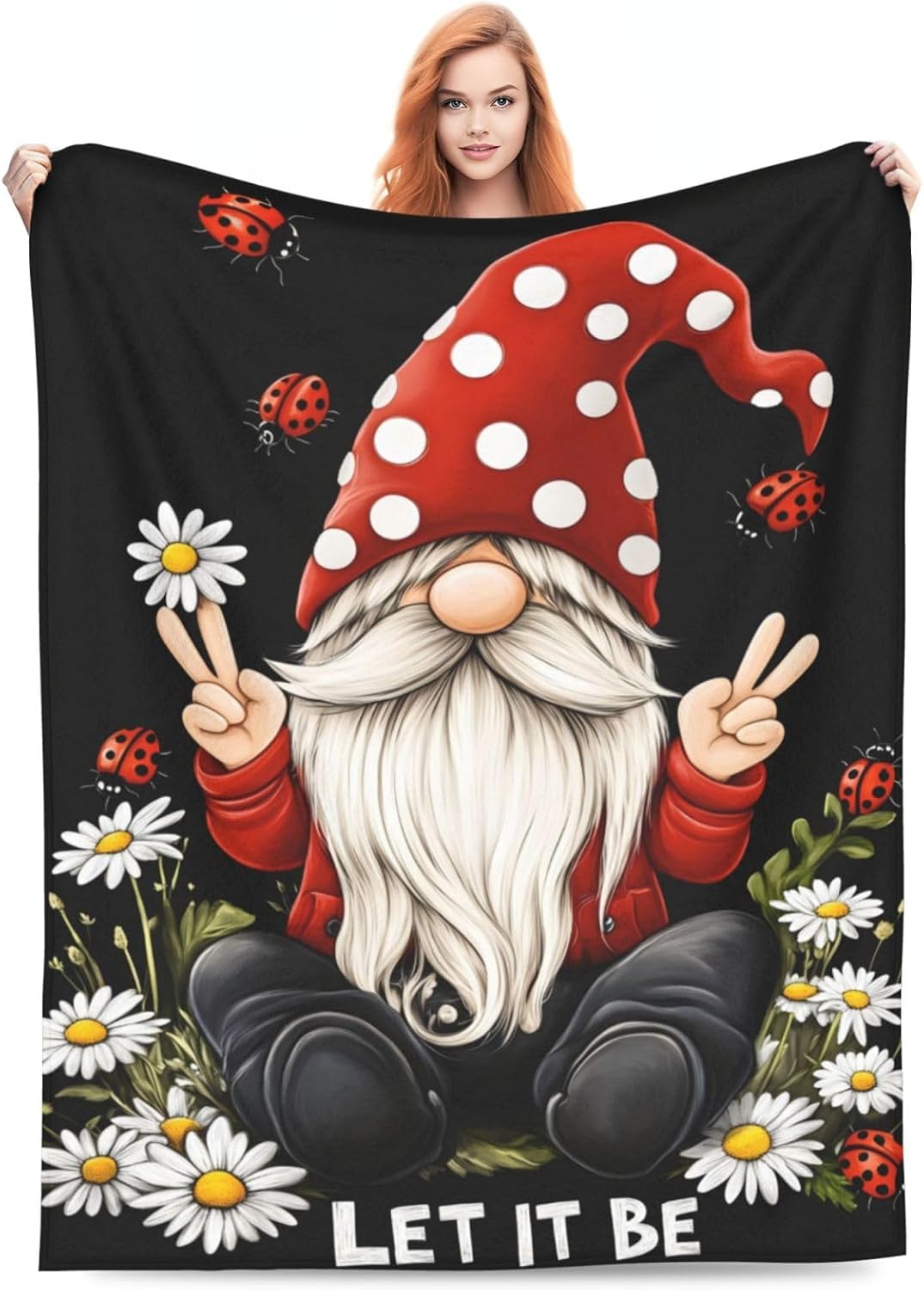 Gnomes Blanket Gifts for Women, Wife, Girls, Sister, Best Friend, Mom, Daughter - Flannel Daisy Red Throw Blanket for Bed, Living Room, Sofa, Traveling, Camping - Plush Decor 50x60in