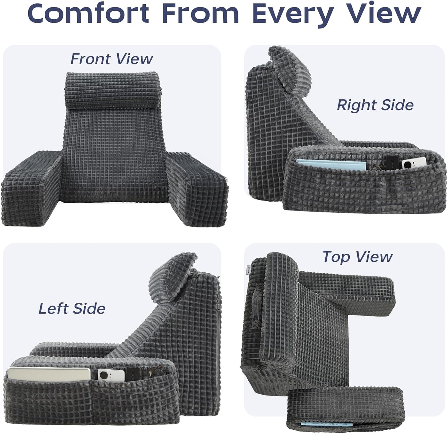 Vekkia Reading Pillow,Back Pillow for Bed Sitting Up Adult,Backrest Support Pillow with Build-in Arms & XL Pockets,Rest Chair for Reading,Gaming,Relaxing,Working or Watching TV in Bed/Floor-19'' Grey