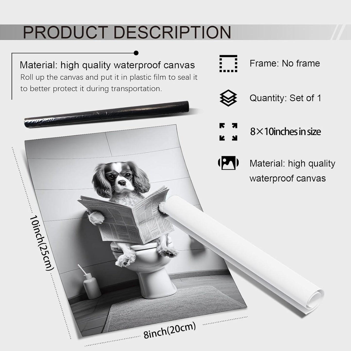 Funny Bathroom Dog Wall Art Black and White Animal Pictures Print Cavalier King Charles Spaniel Reading Newspaper Poster Artwork Decor 8x10in Unframed for Bathroom Restroom Home