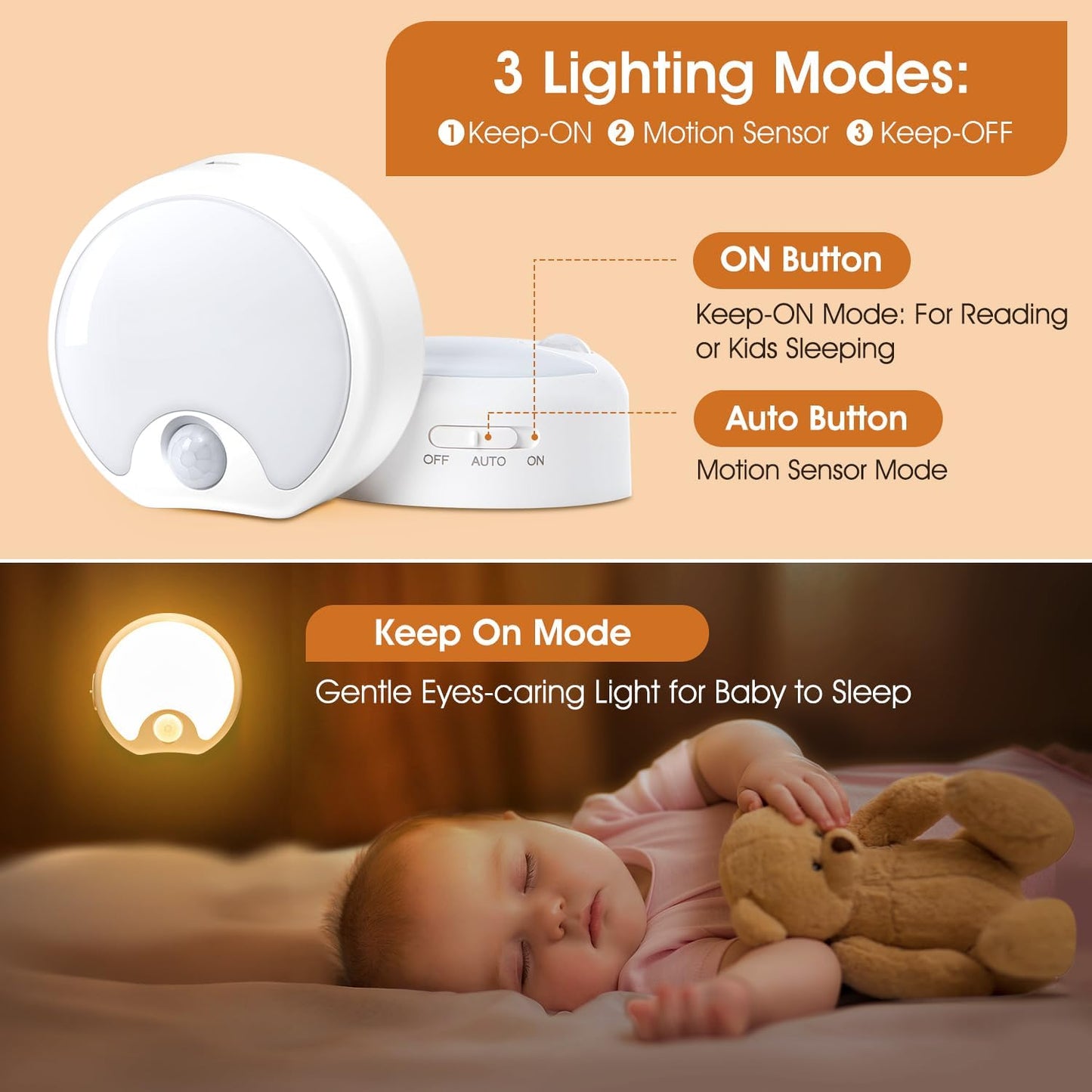 Motion Sensor Light Indoor Rechargeable 3PACK,65 Lumen+3 Modes Sensor Lights Indoor, Just-Stick-it Stairs Lights,Rechargeable Motion Sensor Light Motion Detector Lights for Inside