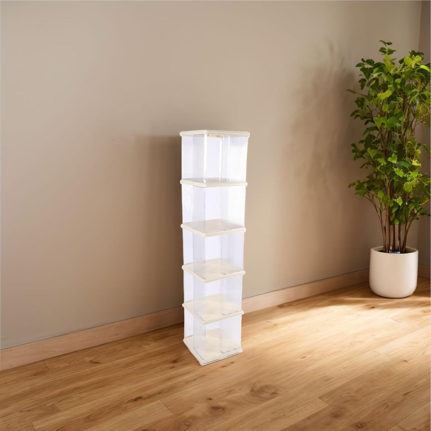 Luqeeg Clear Rotating Bookshelf, 360 Display Corner Bookshelf, Floor Standing Bookcase Storage Rack for Bedroom, Living Room, Study Room for Accessorizing, Organizing, Storing (Square 5 Tier)
