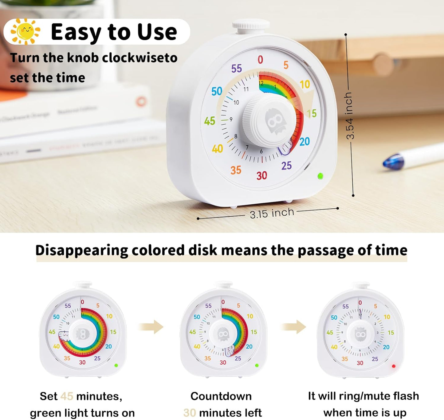 Visual Timer for Kids – 60min/12h Rainbow Magnetic Timer for Classroom, Rechargeable Silent Countdown Timer with Pomodoro Mode, ADHD Time Management Tool