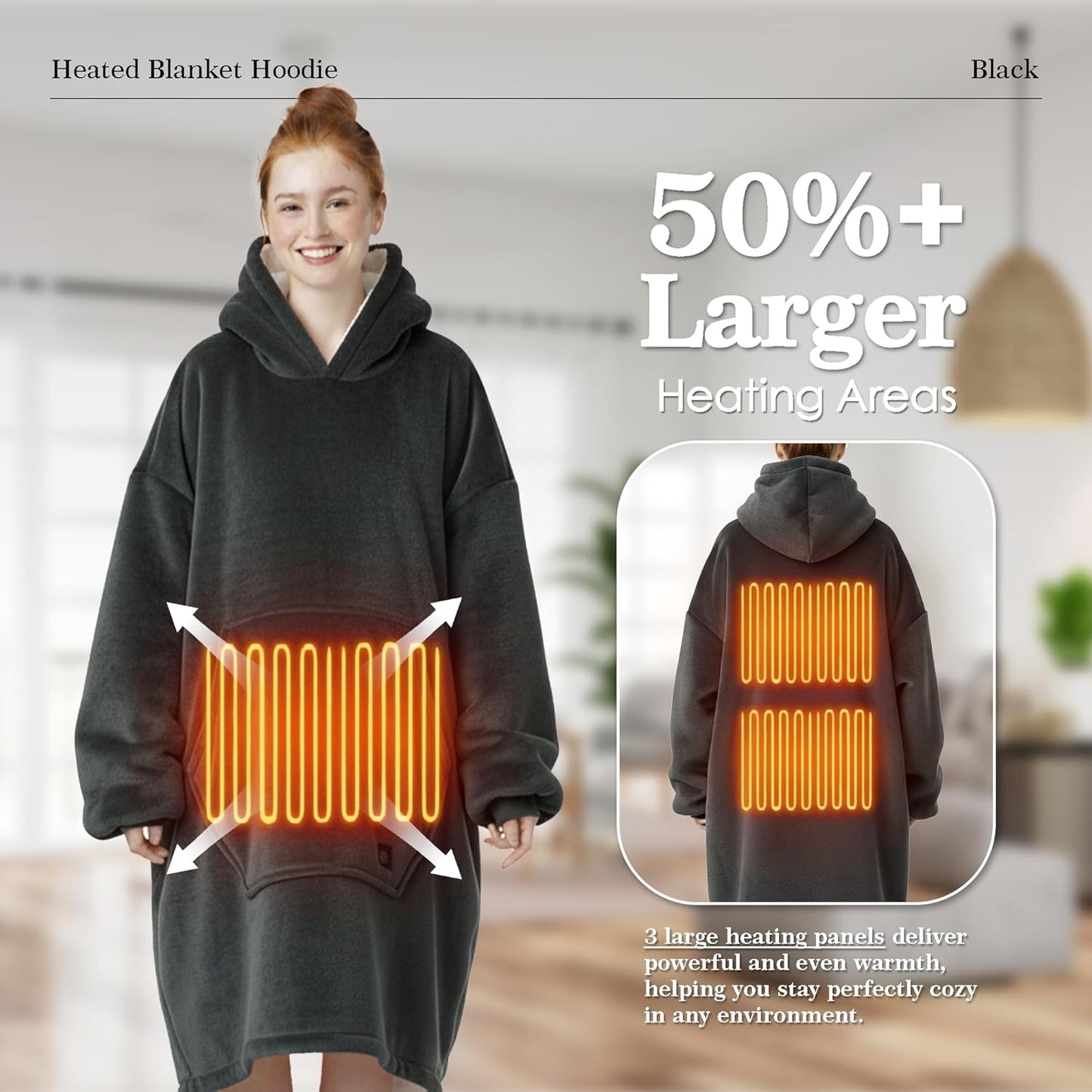 Dark Grey Wearable Heated Blanket Hoodie, Flannel & Sherpa USB Heated Hooded Blanket, Oversized Hoodie Sweatshirt with Pocket, 3 Heating Levels for Man Women Christmas Birthday Gifts, No Battery Bank