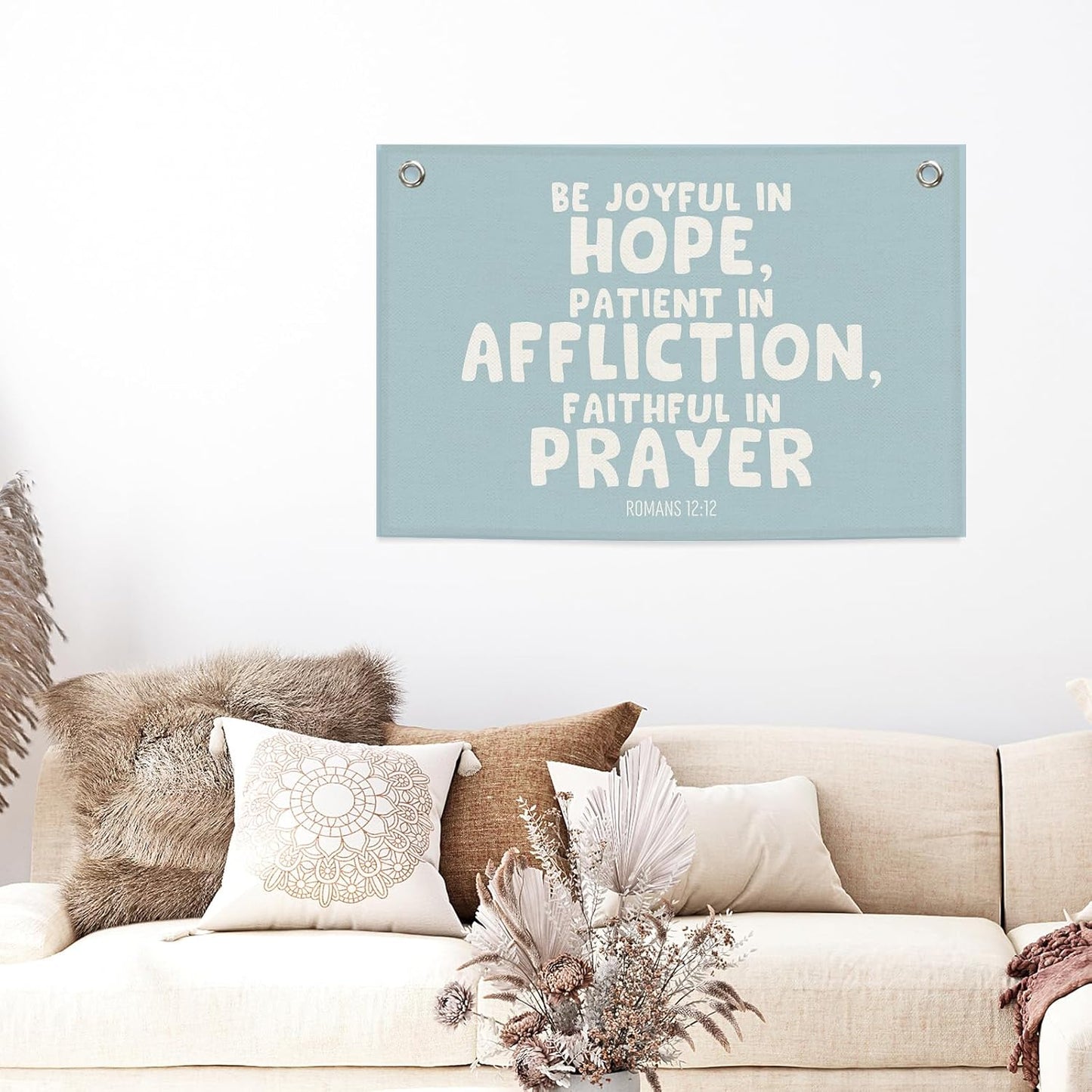 Blue Christian Kids Banner Canvas, Bible Verse Be Joyful in Hope Toddler Room Decor, Inspirational Hanging Flag Sign, Nursery Wall Tapestry Art for Playroom Bedroom Classroom Decor 20x30in