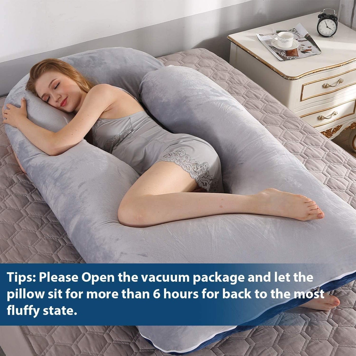 Elover Pregnancy Must Haves Pregnancy Pillow U-Shaped Full Body Maternity Support Pillow for Pregnant Women with Replaceable and Washable Velvet Cover Size 57" (Blue-Grey, Velvet)