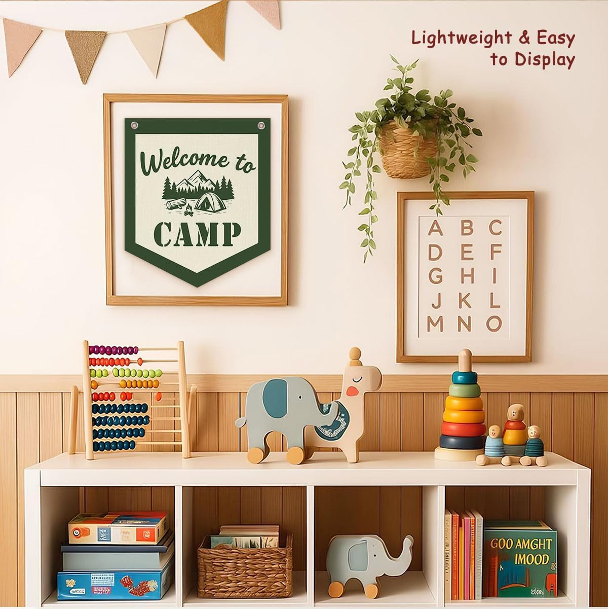 Camping Decor Camp Sign Banner, Welcome to Camp Wall Pennant Banner Flag Classroom Decor, Retro Green Camping Hanging Wall Decor for Kids Nursery Toddler Room Bedroom Playroom Classroom