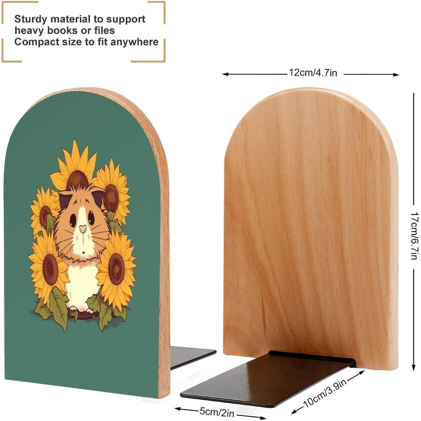 Non-Slip Bookend for Shelves Sunflower Hamster Cartoon Wooden Bookends with Metal Base Decorative Book Stopper for Home Heavy Duty Wood Book Storage for Books/CDs