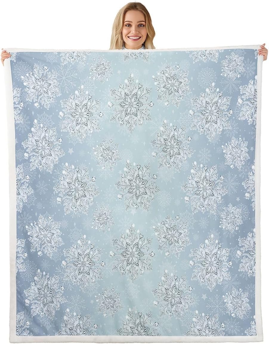 Feelyou Christmas Snowflake Sherpa Throw Blanket Throw 50"x60" Glitter Snowflake Fleece Throw Blanket for Kids Boys Girls Bedroom Decor Blue Xmas Plush Blanket Women Men Fuzzy Blanket