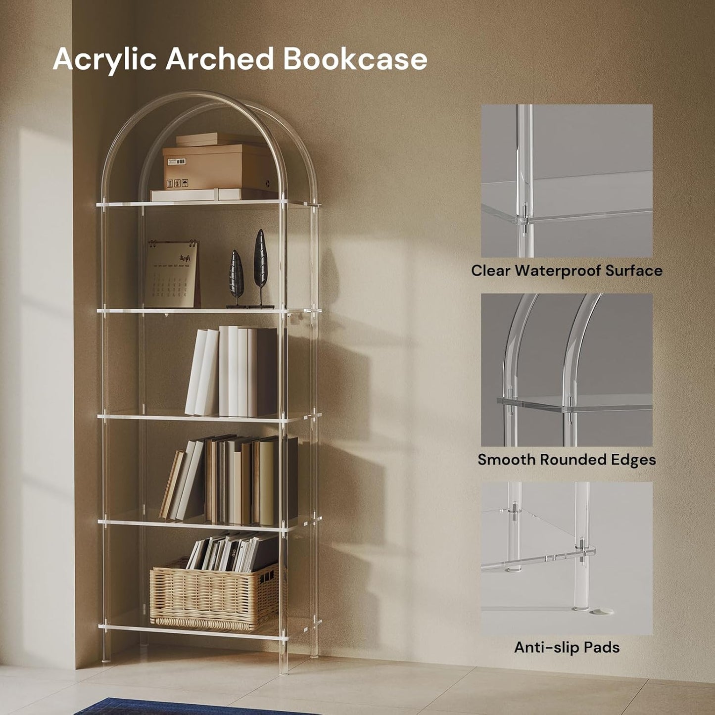 Acrylic Arched Bookshelf, 5-Tier Clear Bookcase, Modern Open Book Shelves for Home Office, Bedroom, Living Room, 11.8" D x 23.64" W x 65.7" H