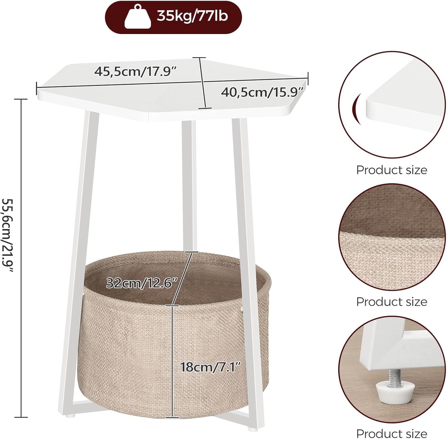 Small Side Table, Round End Table with Storage Basket, Modern Nightstand for Small Space, Hexagonal Bedside Table, Couch Side Table for Living Room, Bedroom, White ETWT9901
