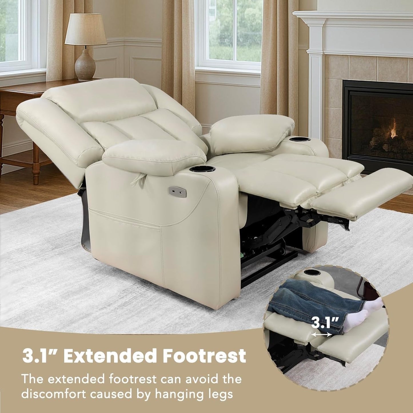 Large Breathable Leather Electric Power Lift Recliner Chair for Seniors Ergonomic Massage Recliner with Heat USB Port Cup Holders Side Pockets Single Sofa