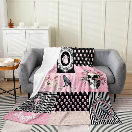 Erosebridal Sugar Skull Throw Blanket, Halloween Skelebone with Flowers Fuzzy Blanket, Garden Pink Rose Floral Flannel Blanket for Bed Couch, Geometric Honeycomb Plaid Fleece Blanket, Queen Size