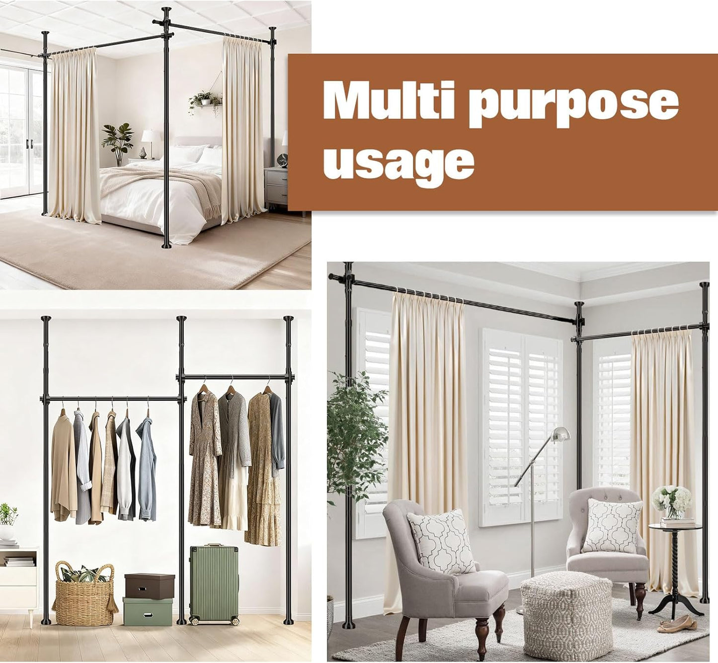 AJAZZ Room Divider No Drilling Curtain Rod Wall Divider for Room Separation, (H) 43-120×(W) 72-200 inch Adjustable, Heavy Duty Partition Space Separator Freestanding Tension Curtain Stand, Black