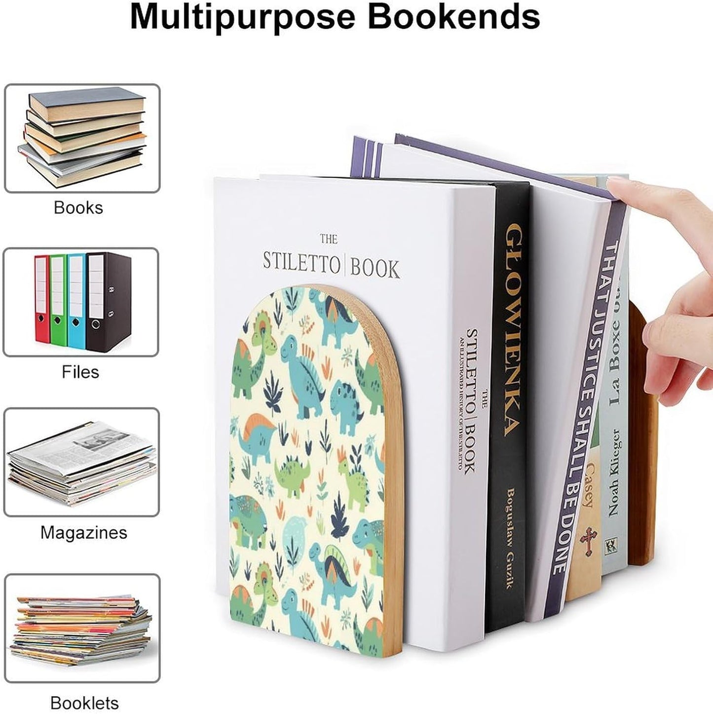 Dinosaur Pattern Bookend for Shelves Wooden Book End Large Size Sturdy Book Holders Stoppers with Metal Base for Bookshelves Slick Decorative Bookends Stands